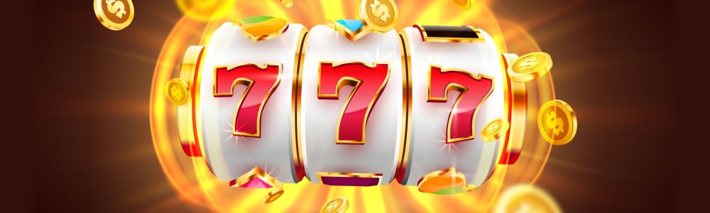 777 in red on a golden slot machine and casino chips flying around