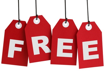 four sale tags with the letters F - R - E - E spelling out the word Free, representing free real money slots offers